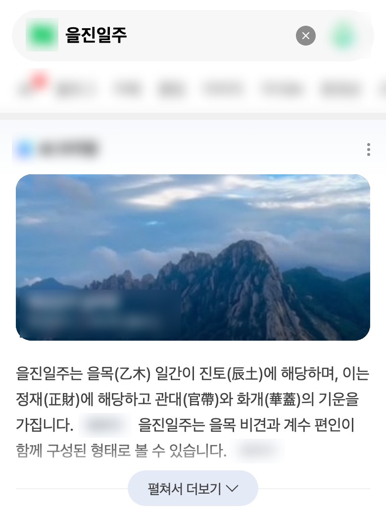검색창에 을진일주를 넣자 AI가 을진일주의 기운을 풀이해 준 화면