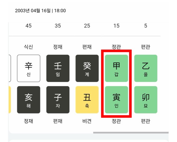 강의 화면. 만세력에서 열 해마다 바뀌는 운 가운데 한 칸을 빨간 네모로 짚었다.